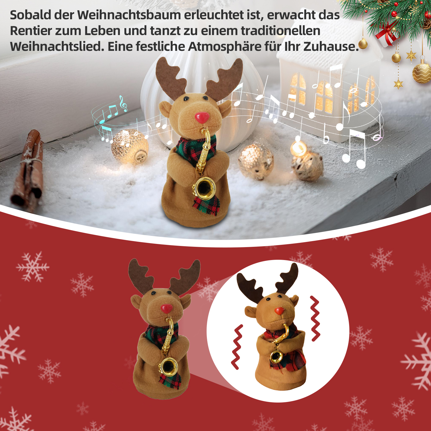 Ein Plüschrentier spielt Saxophon, umgeben von Weihnachtsdekorationen. Die Szene ist festlich mit Schneeflocken und rotem Hintergrund.