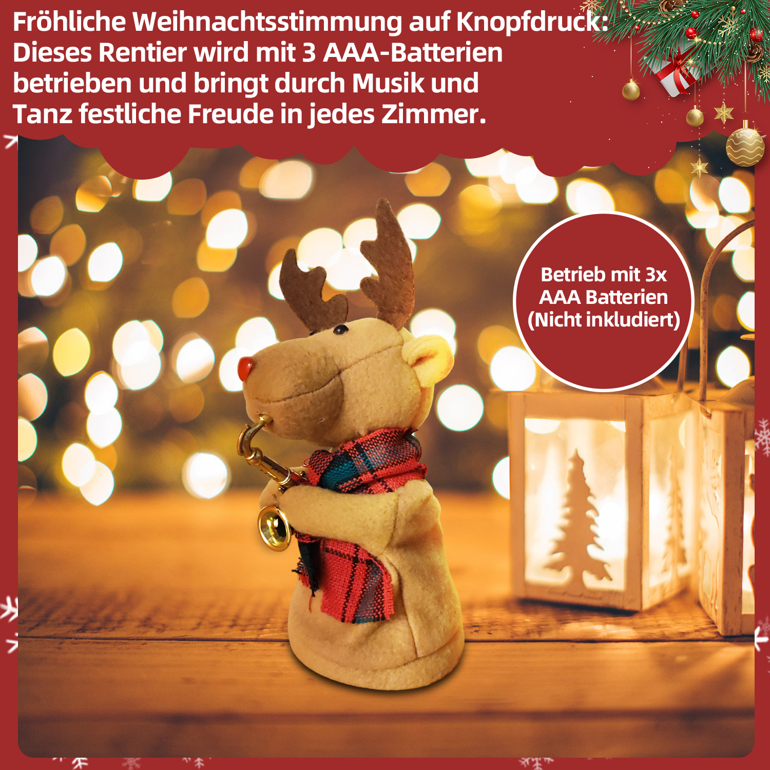 Ein Rentierspielzeug mit rotem Schal und Saxophon. Der Hintergrund ist verschwommenes Licht und ein Holztisch. Weihnachtsthema.