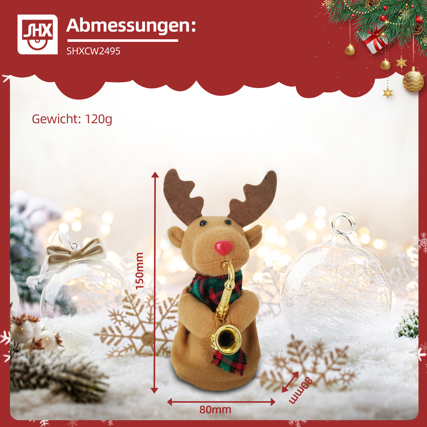 Ein Rentier-Ornament mit einem Saxophon. Es hat braune Hörner und eine rote Nase. Es trägt einen grün-roten Schal. Weihnachtsthema.