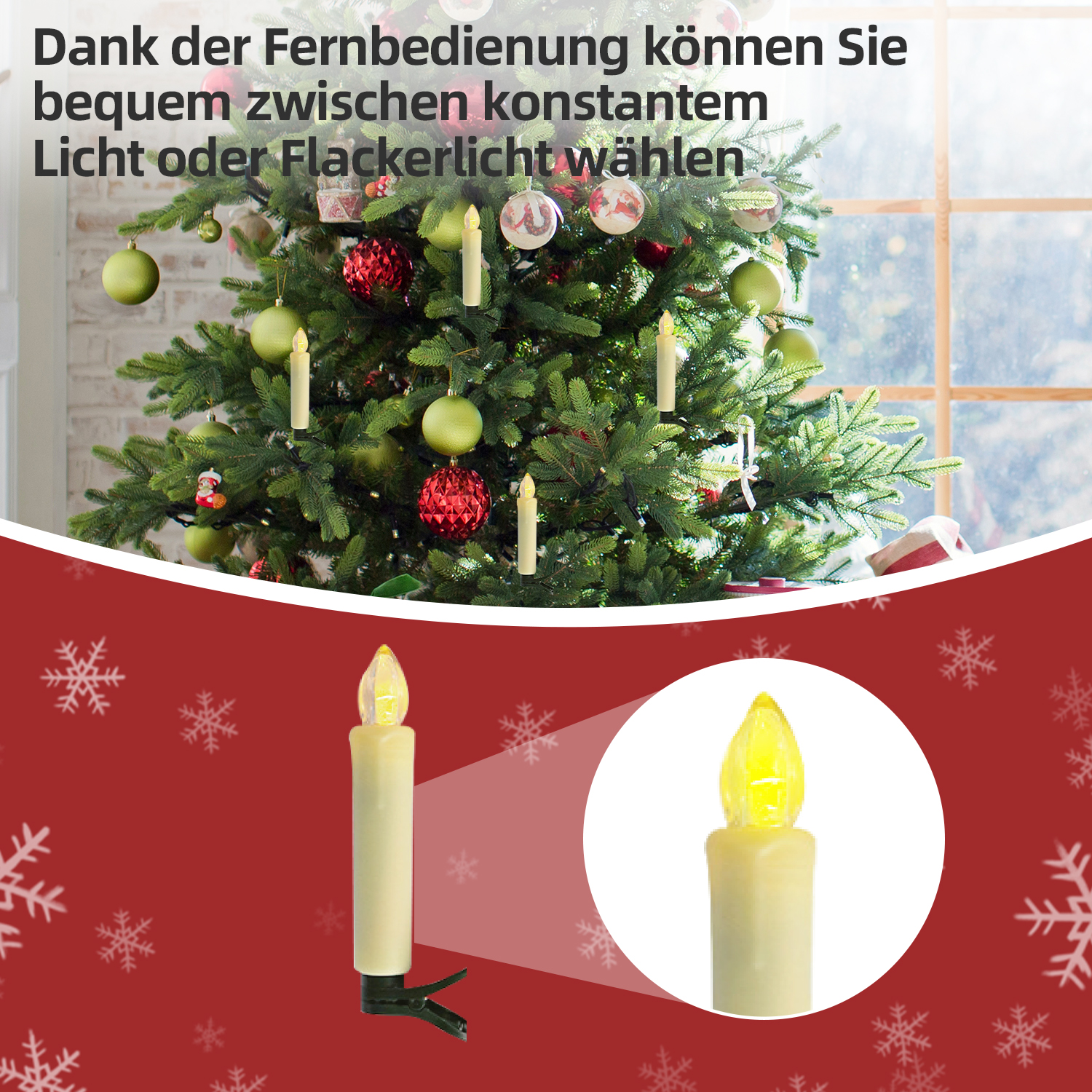 Ein Weihnachtsbaum mit Kerzenlichtern. Eine Nahaufnahme zeigt eine Kerze mit Clip und gelbem Licht. Der Hintergrund ist rot mit Schneeflocken.