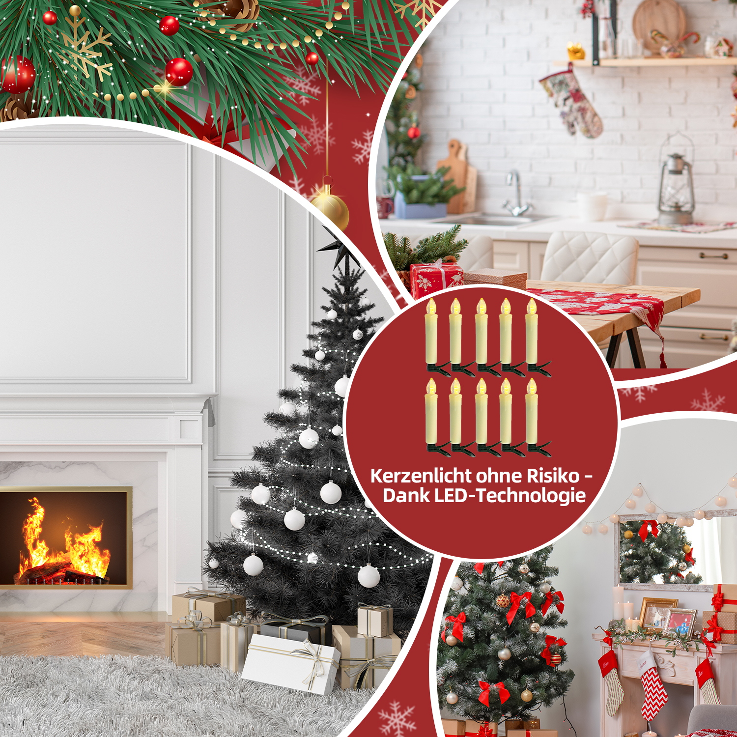 Eine Weihnachtsszene mit Kamin, Baum, Geschenken und Küchenhintergrund. Dekorationen umfassen Ornamente, Lichter und Kerzen. Festlich und warm.