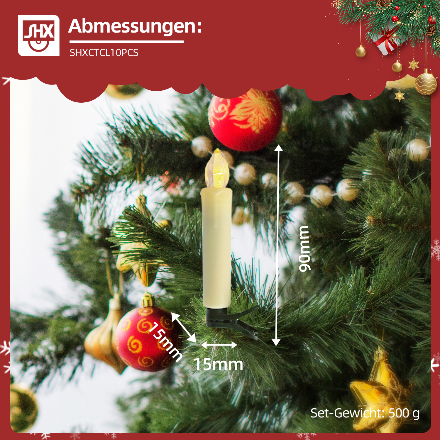 Eine kerzenförmige Weihnachtsbaumleuchte mit den Maßen 15 mm x 15 mm und 90 mm. Ein roter Schmuck ist ebenfalls sichtbar.