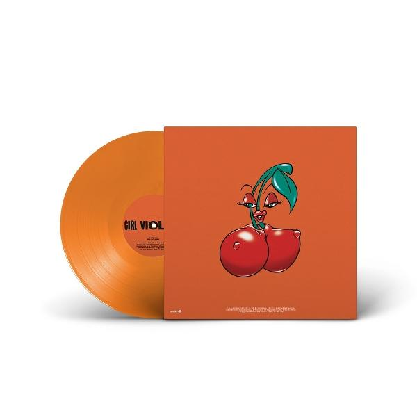 Eine orangefarbene Schallplatte und ein Albumcover mit einer Cartoon-Kirsche. Die Kirsche hat ein Gesicht und befindet sich auf einem orangefarbenen Hintergrund.