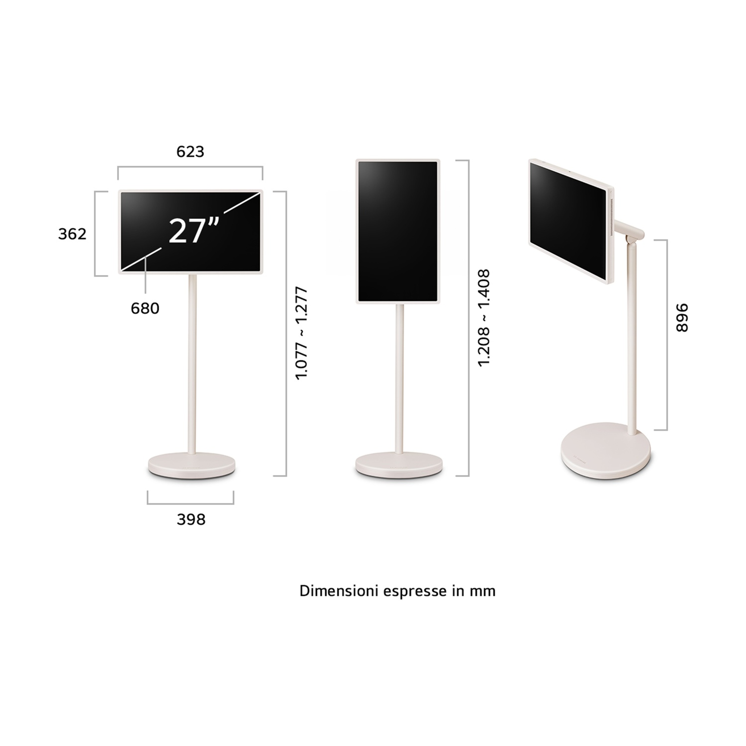 Tre viste di un monitor da 27 pollici su un supporto, con dimensioni in mm. Il monitor è nero, il supporto bianco.