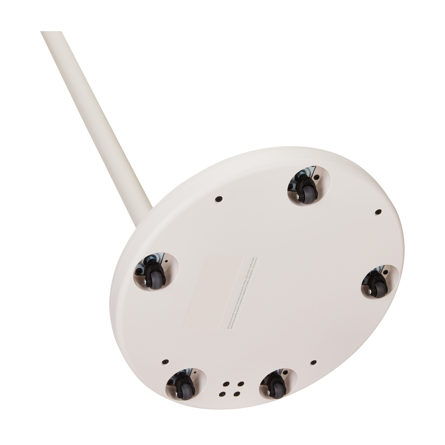 Una base bianca per lampada con 6 ruote vista dal basso. Lo stelo della lampada si estende verso l'alto e fuori dal telaio. Lo sfondo è bianco.