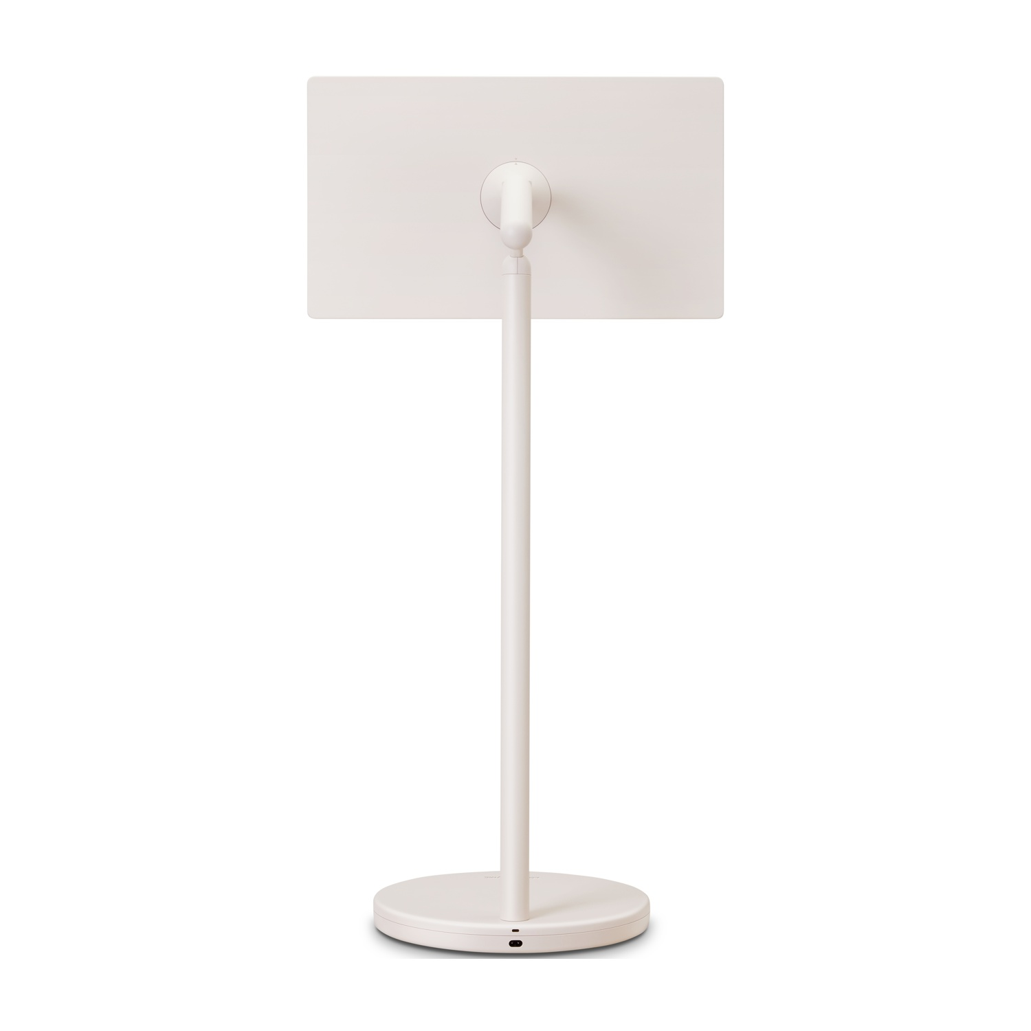 Un supporto bianco per tablet, con uno schermo rettangolare sostenuto da un palo verticale e una base circolare, il tutto su sfondo bianco.