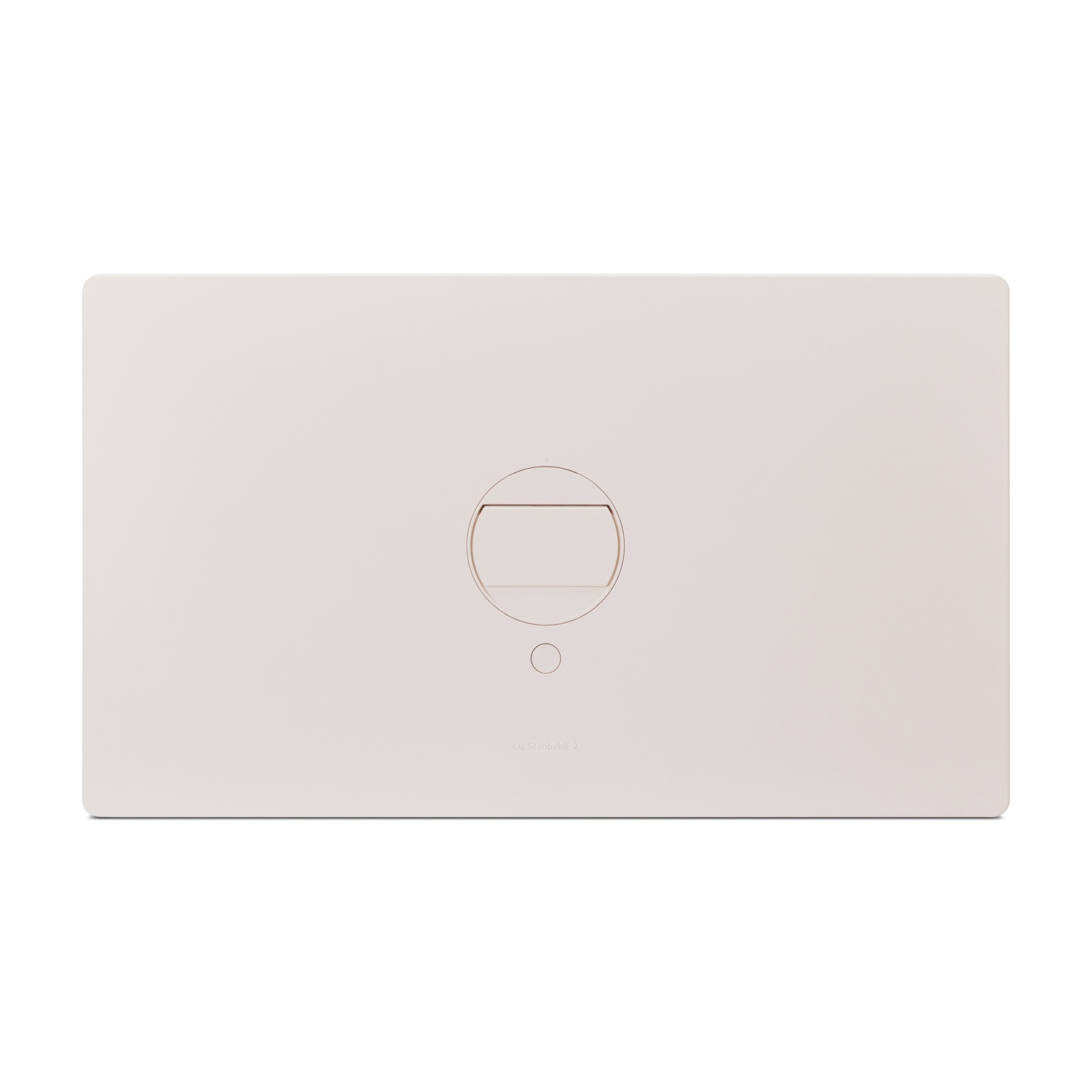 Pannello rettangolare bianco sporco con pulsante circolare e rientranza rettangolare. Sfondo bianco.