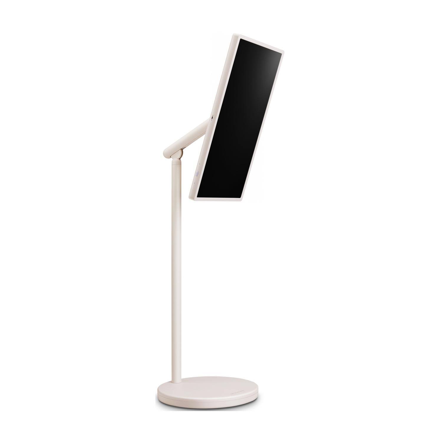 Un monitor bianco su un supporto. Lo schermo è nero. Il supporto ha una base rotonda, un palo verticale e un supporto angolato.
