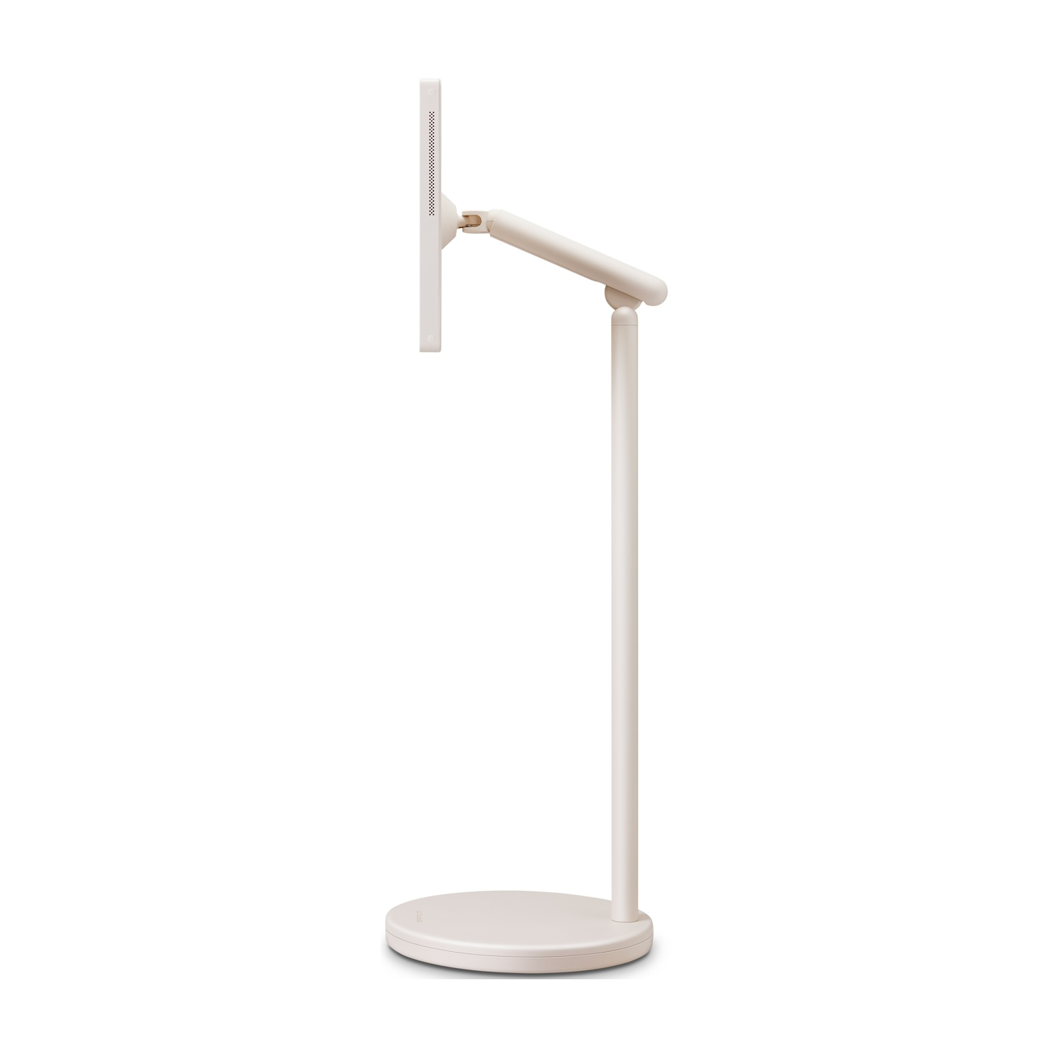 Un supporto per monitor bianco. Ha una base rotonda, un palo verticale, un braccio angolato e uno schermo rettangolare.