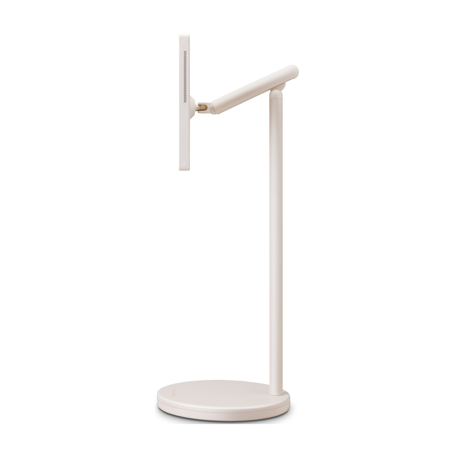 Un supporto per monitor da scrivania moderno, bianco sporco. Ha una base circolare, un supporto verticale e un braccio regolabile.