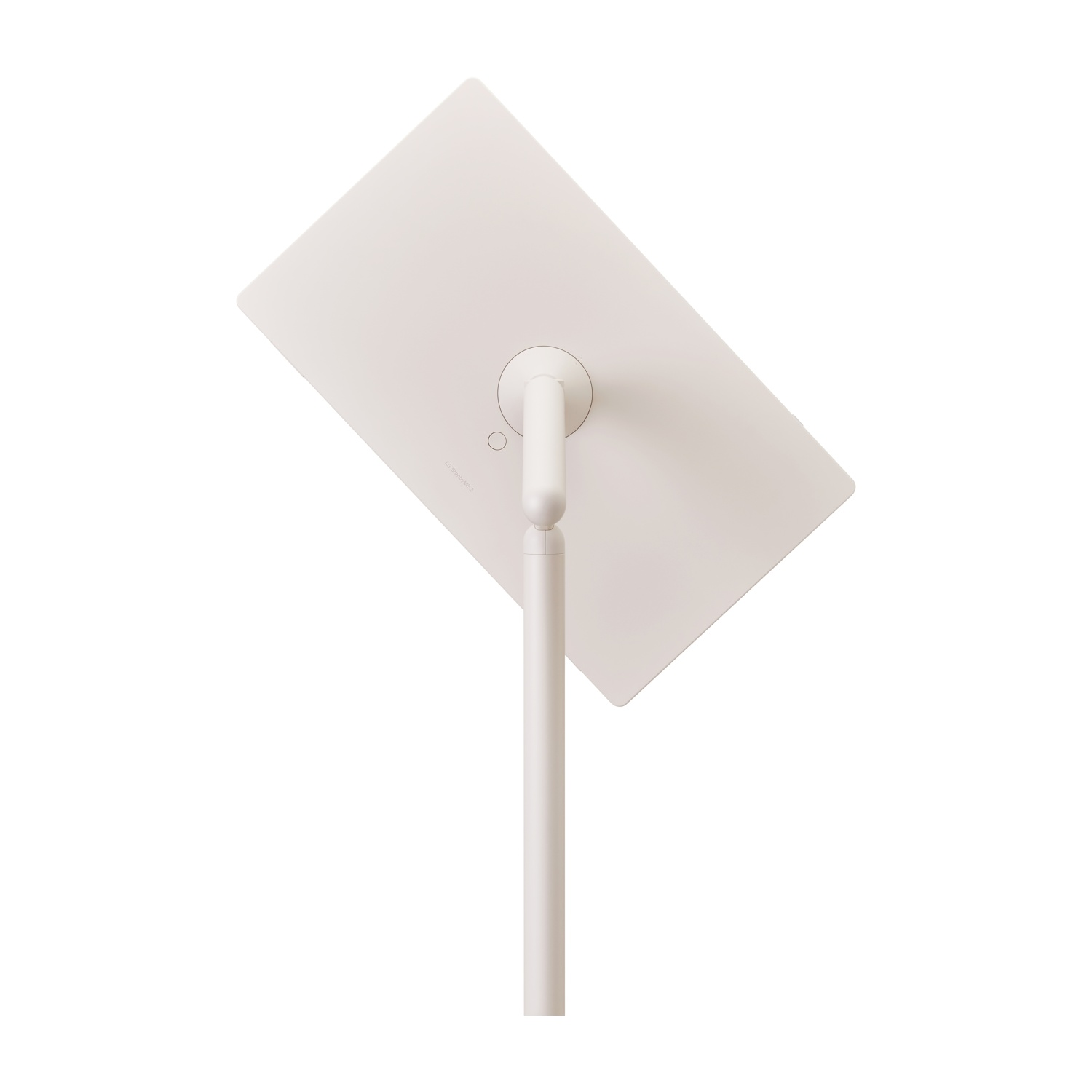 Un monitor bianco rettangolare è montato su un supporto bianco. Il monitor ha una connessione rotonda e il supporto è un palo bianco.