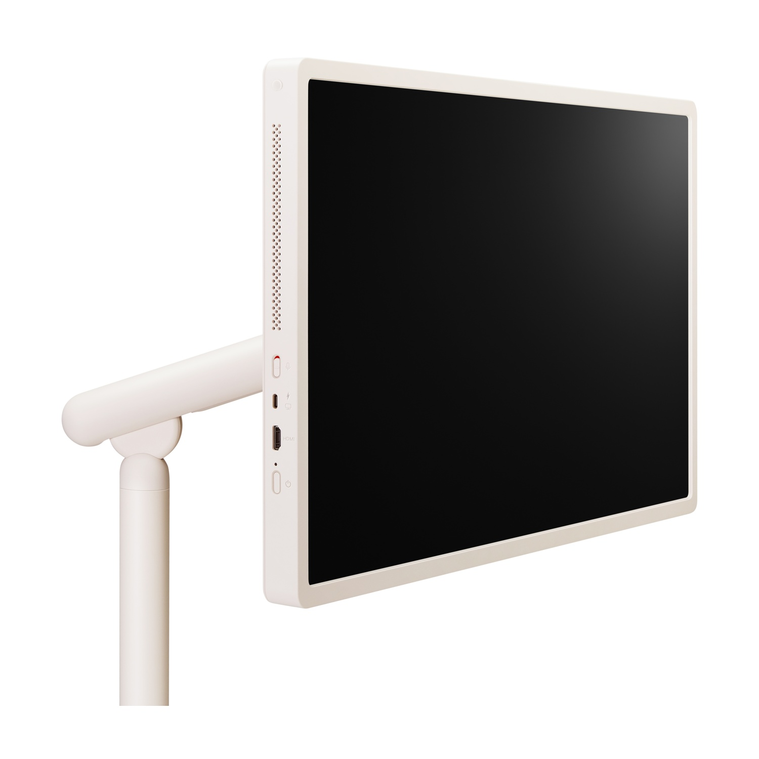 Un monitor per computer bianco con schermo nero, supportato da un supporto bianco, è visualizzato su sfondo bianco.