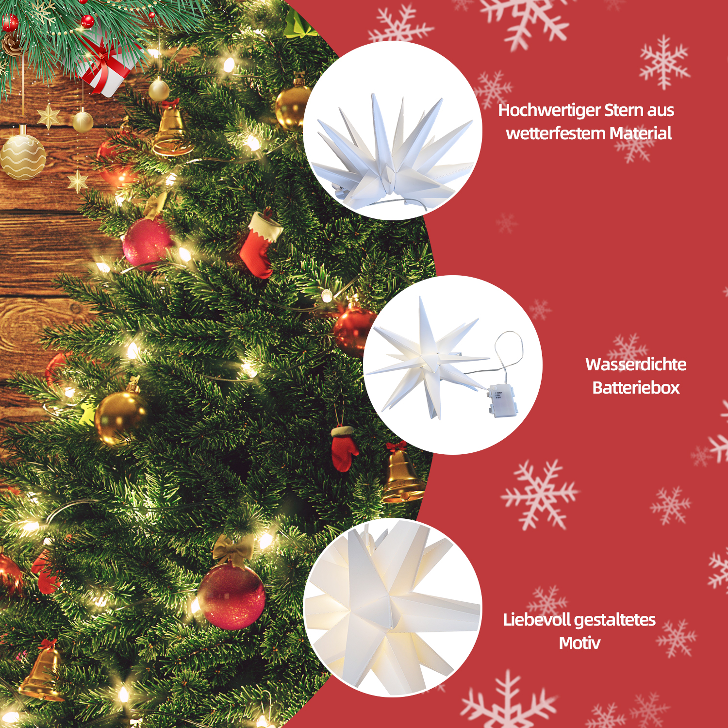 Ein geschmückter Weihnachtsbaum mit Ornamenten, Lichtern und einer sternförmigen Dekoration. Roter Hintergrund mit Schneeflocken und Text.