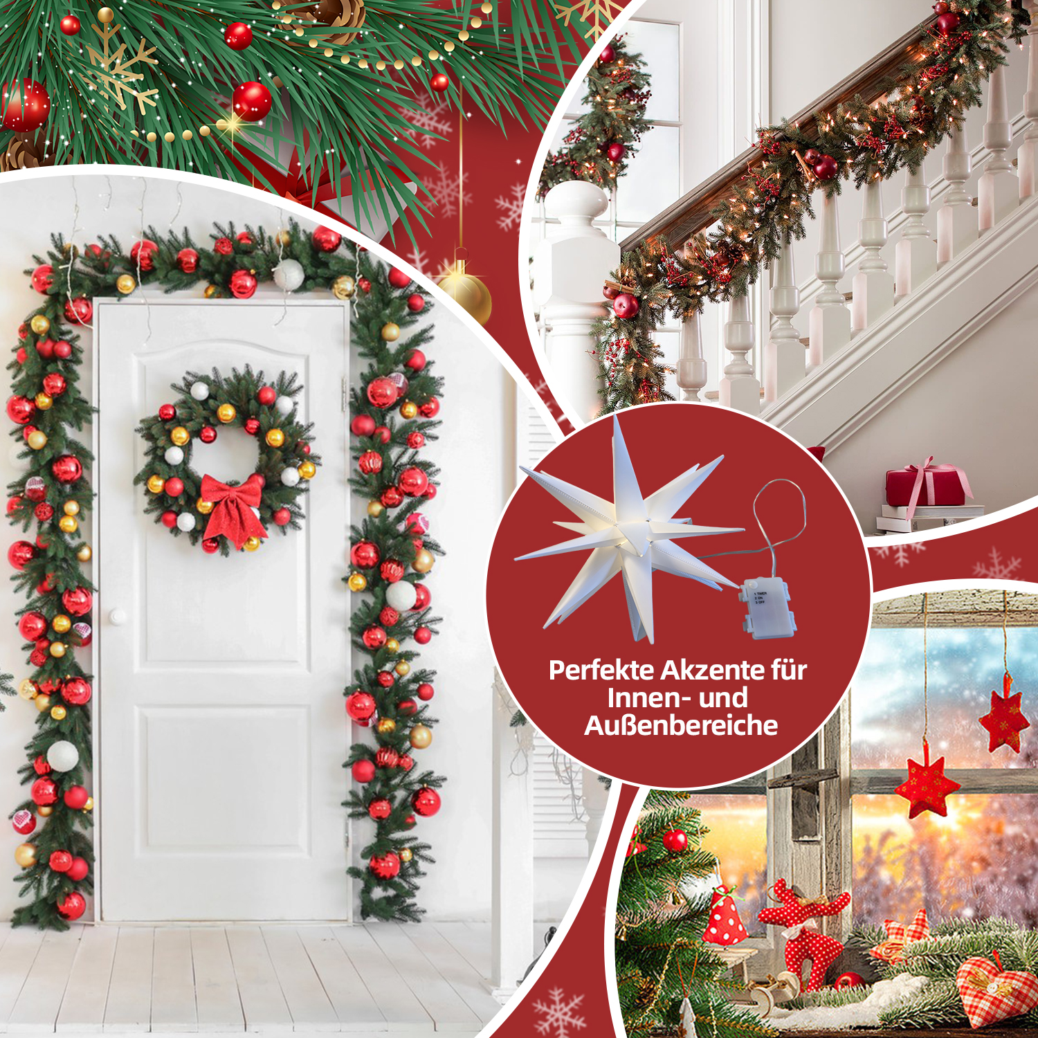 Weihnachtsdekorationen: Kranz, Girlande, Ornamente und Stern. Eine festliche Szene mit roten, goldenen und weißen Farben.