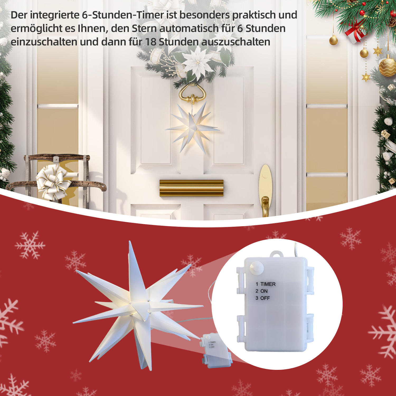 Ein weißes sternförmiges Licht hängt an einer Tür. Darunter ist ein Timer mit deutschem Text abgebildet. Weihnachtsschmuck umgibt die Szene.
