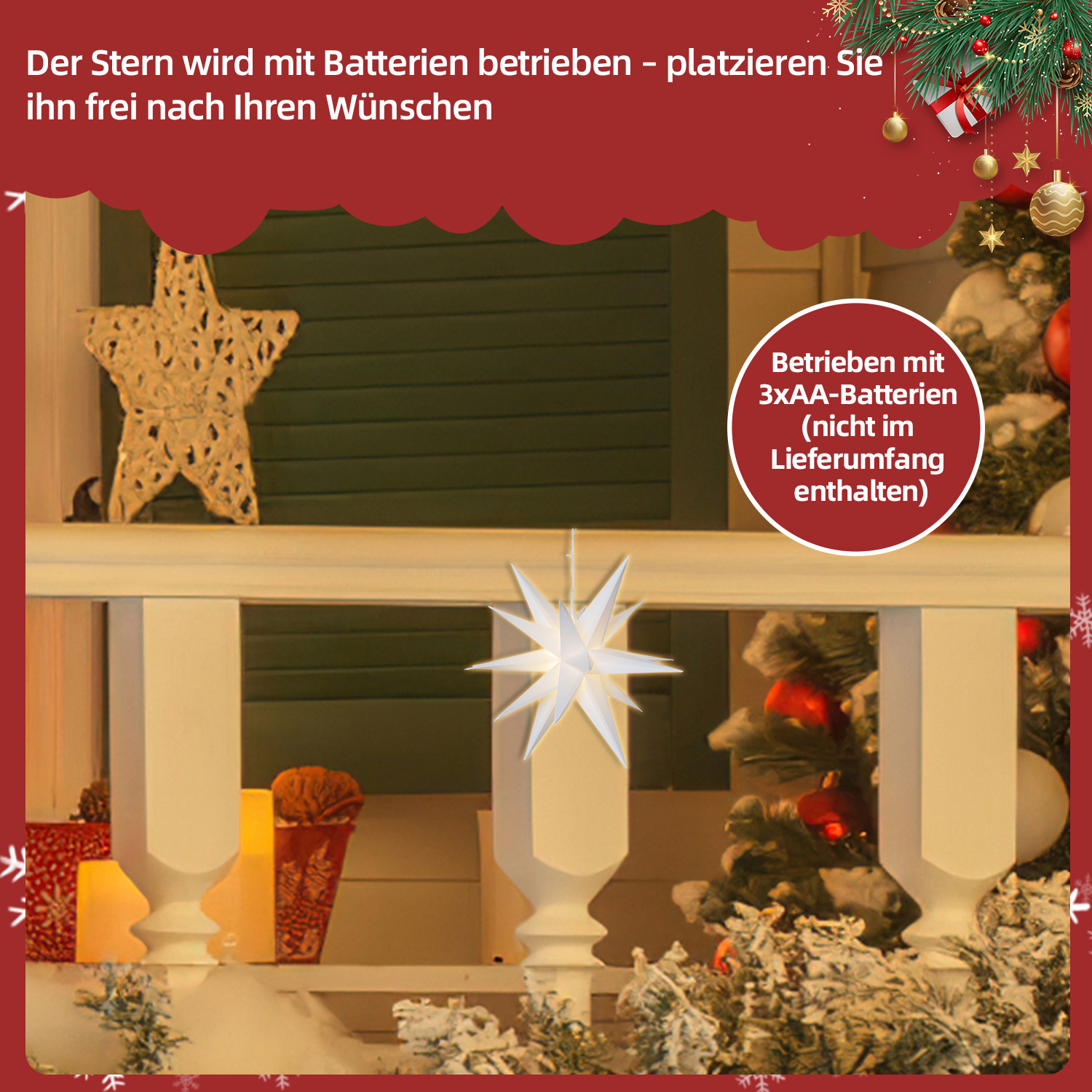 Weihnachtsszene mit sternförmigem Licht, Veranda und geschmücktem Weihnachtsbaum. Text besagt, dass der Stern Batterien verwendet.