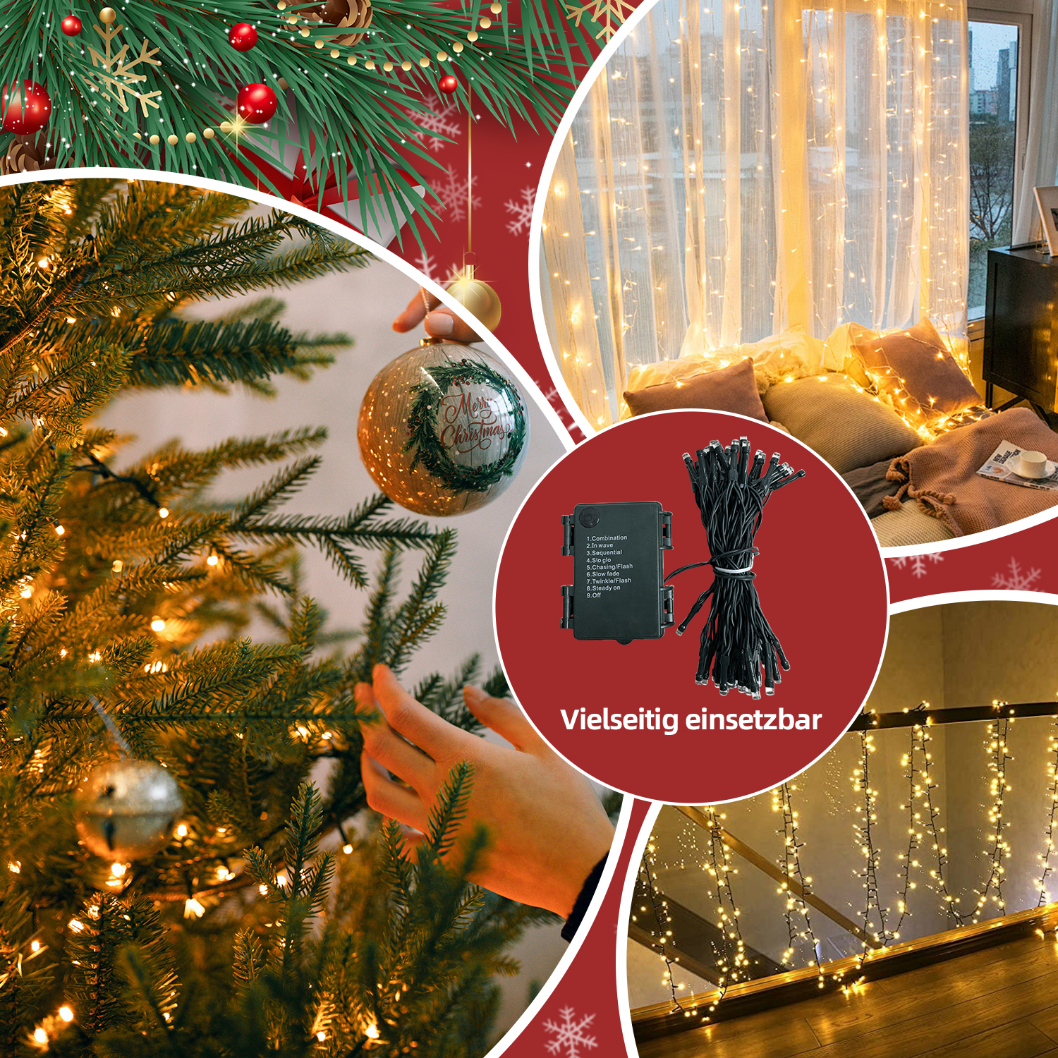 Weihnachtsdekorationen: Baum, Lichter, Ornamente. Eine Hand schmückt den Baum. Zusätzliche Bilder zeigen Lichter und Text 'Vielseitig einsetzbar'.