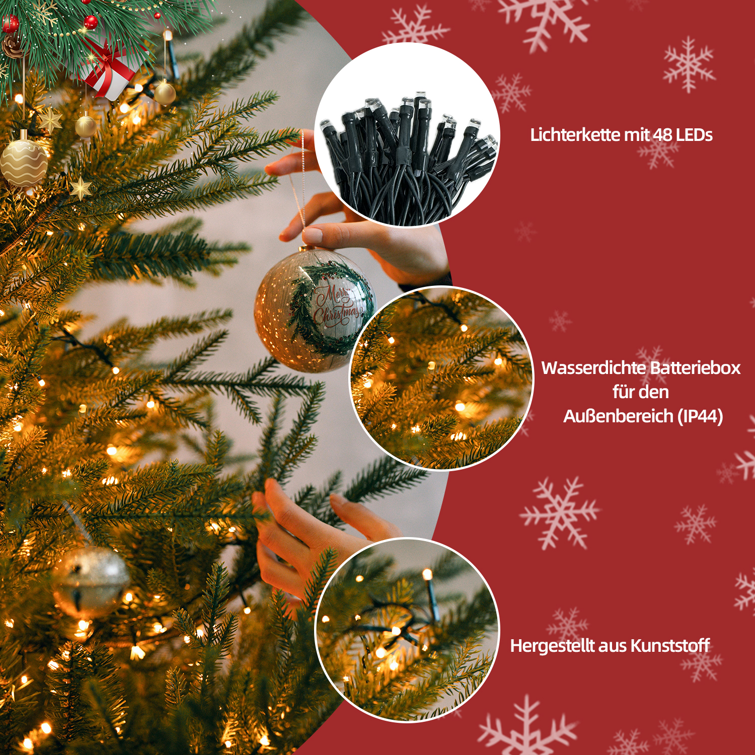 Ein dekorierter Weihnachtsbaum mit Lichtern und Ornamenten wird gezeigt. Das Bild zeigt eine Nahaufnahme der Lichter und einen Kugelornament mit 'Merry Christmas'.