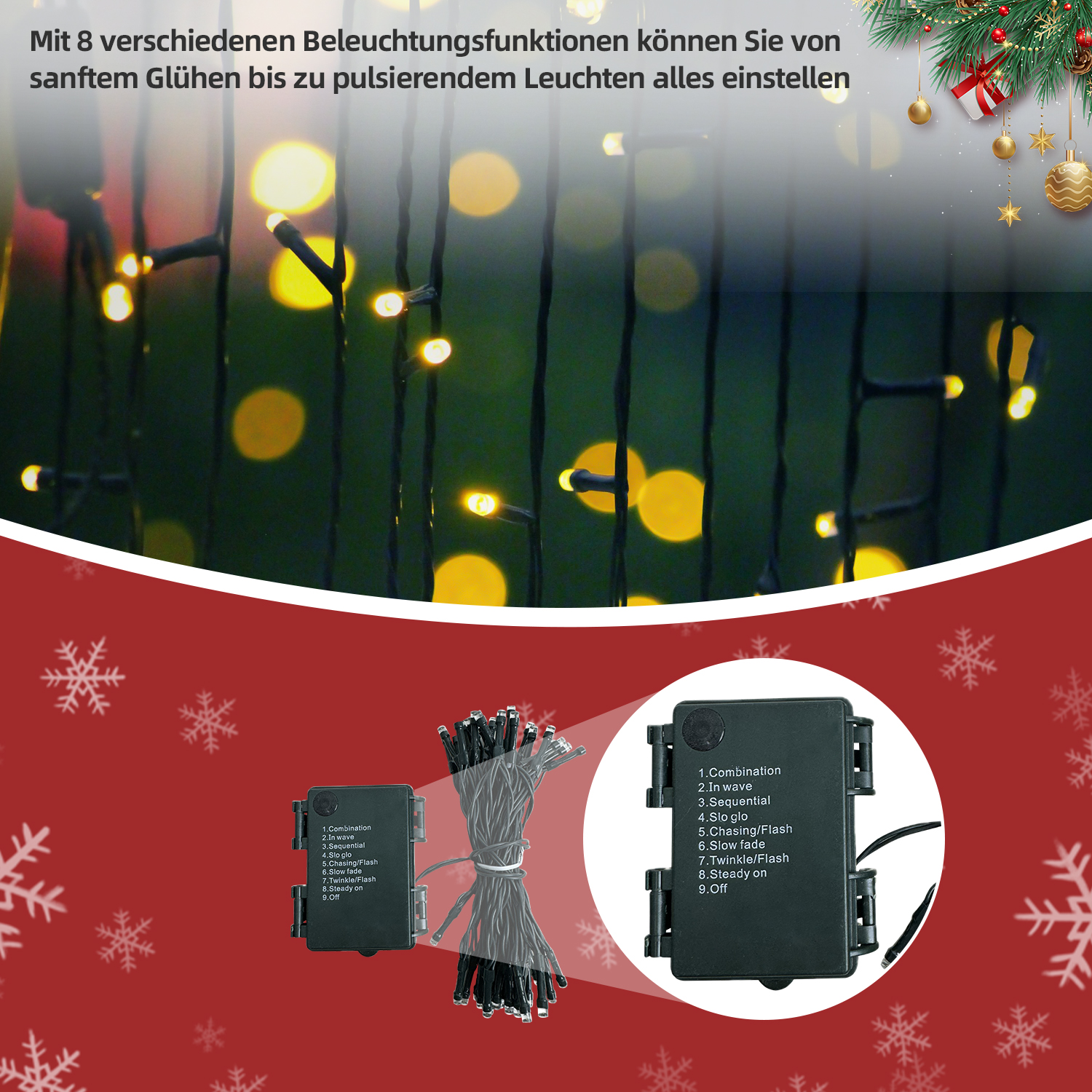 Weihnachtsbeleuchtung mit Controller. Text zeigt verschiedene Lichtmodi: Kombination, Welle, sequentiell, Slo Glo, Chasing/Flash, Slow Fade, Twinkle/Flash, Dauerlicht, Aus.