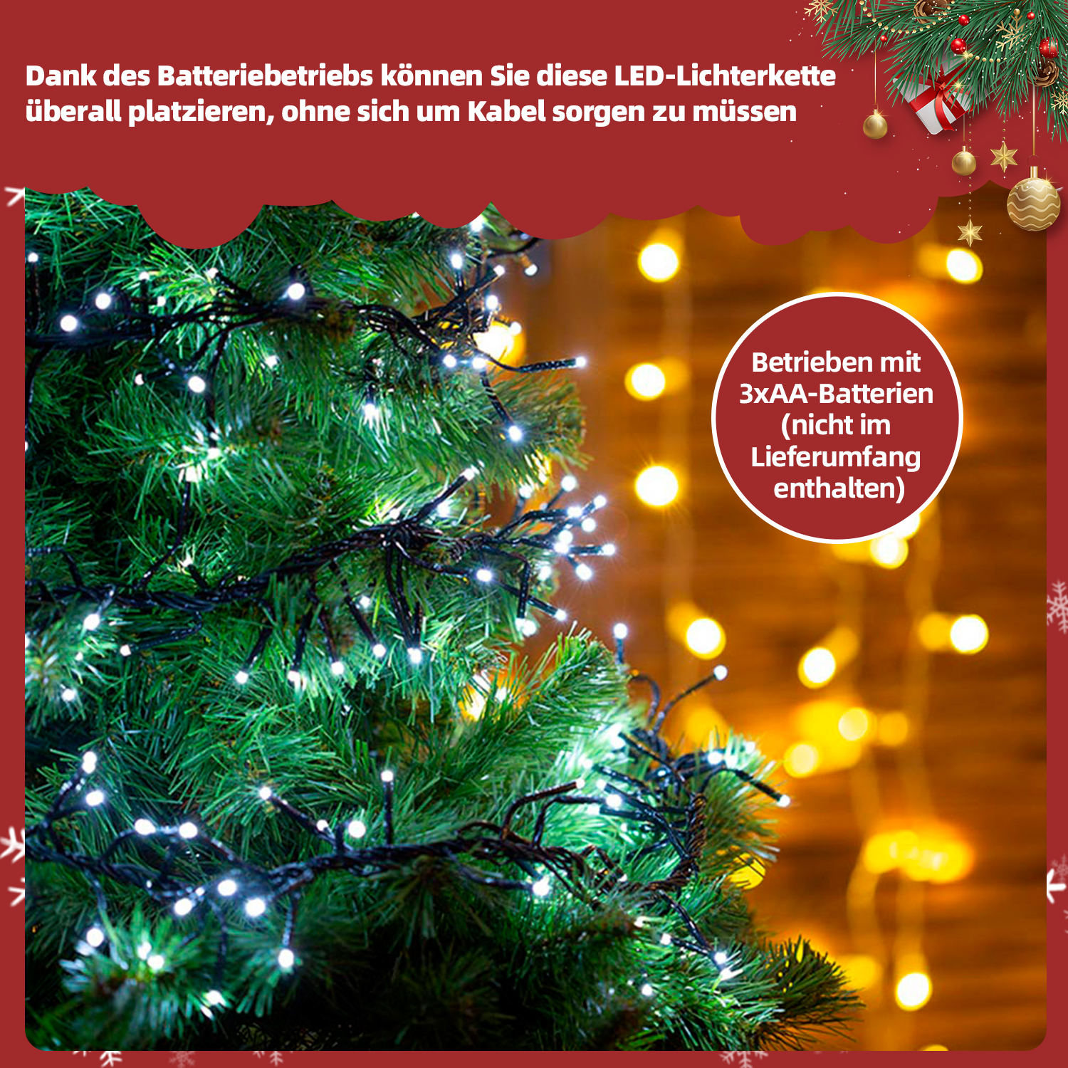 Nahaufnahme eines Weihnachtsbaums mit weißen LED-Lichtern. Text erwähnt Batteriebetrieb und 3 AA-Batterien.