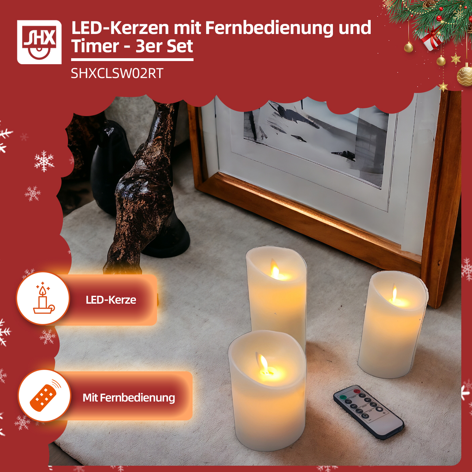 Drei LED-Kerzen mit Fernbedienung auf einem Teppich. Ein gerahmtes Bild, Ornamente und Textüberlagerung im Hintergrund.