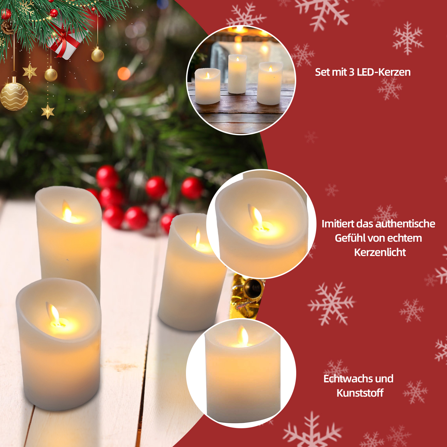 Weiße LED-Kerzen auf einer weißen Holzoberfläche, mit Weihnachtsdekoration im Hintergrund, Schneeflocken und Text.