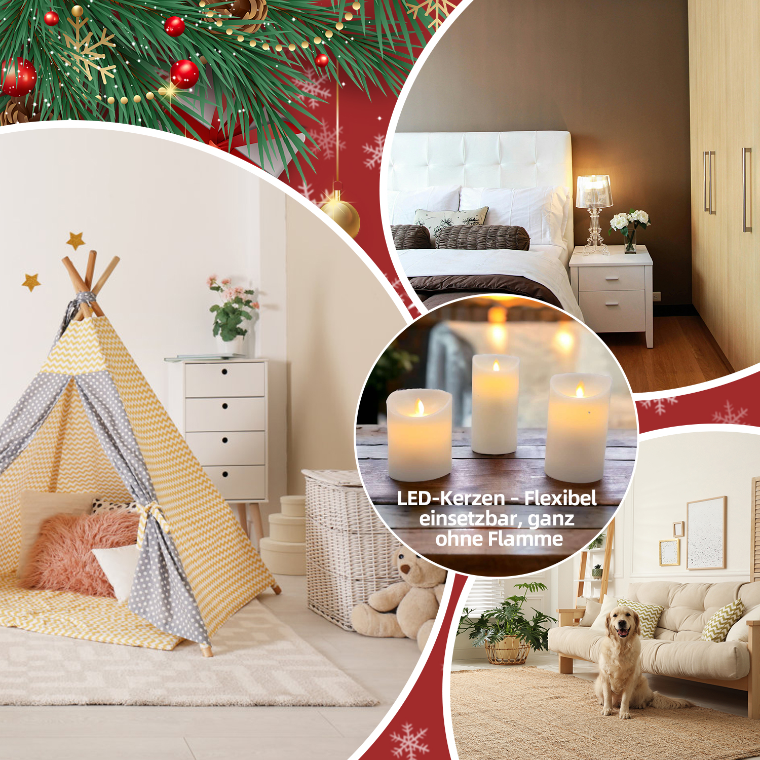 Zusammengesetztes Bild: Weihnachtsdeko, Schlafzimmer, Zelt, Kerzen, Sofa mit Hund. Verschiedene Innenszenen.