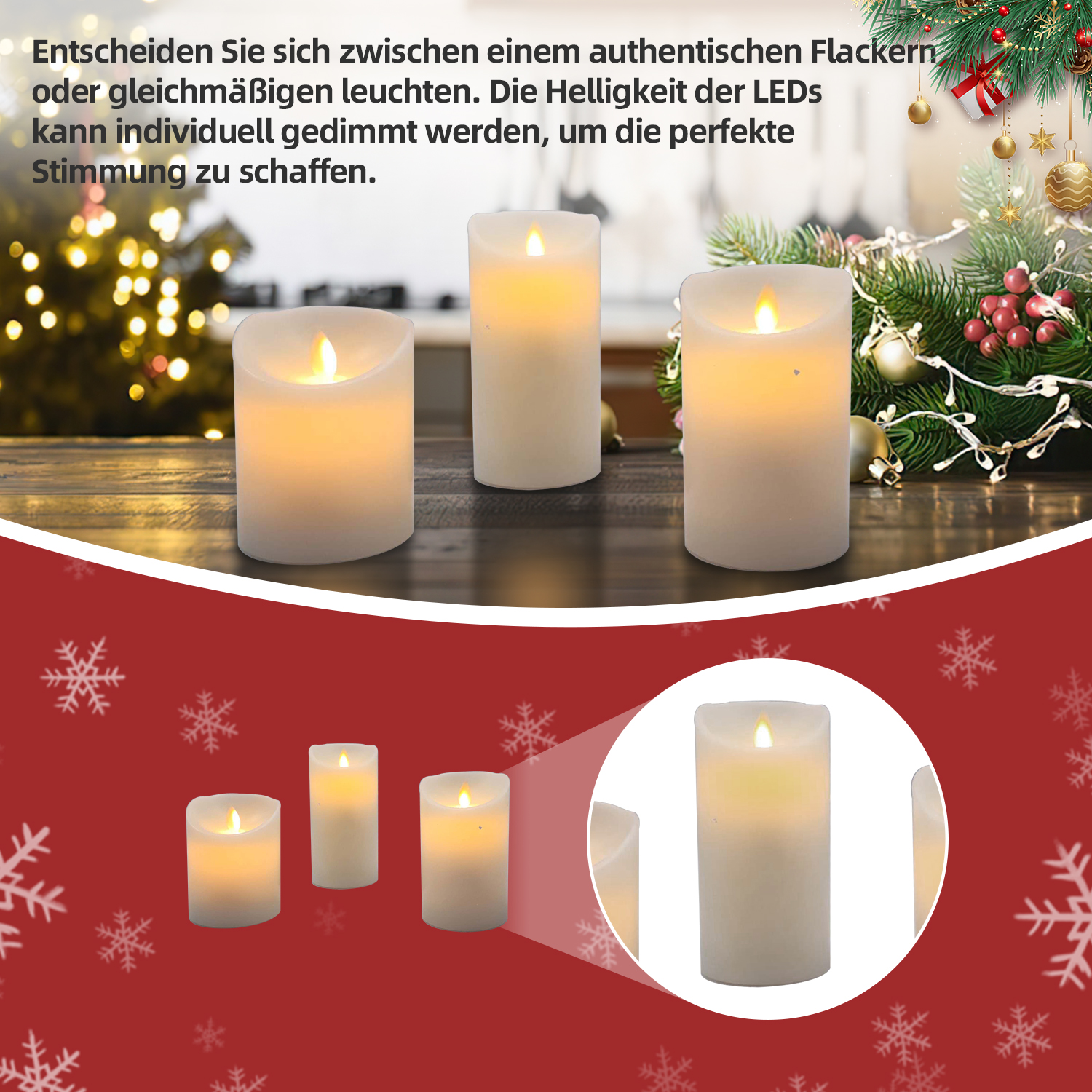 Drei weiße LED-Kerzen mit brennenden Flammen auf einem Holztisch. Weihnachtsdekoration im Hintergrund. Roter Hintergrund mit Schneeflocken.