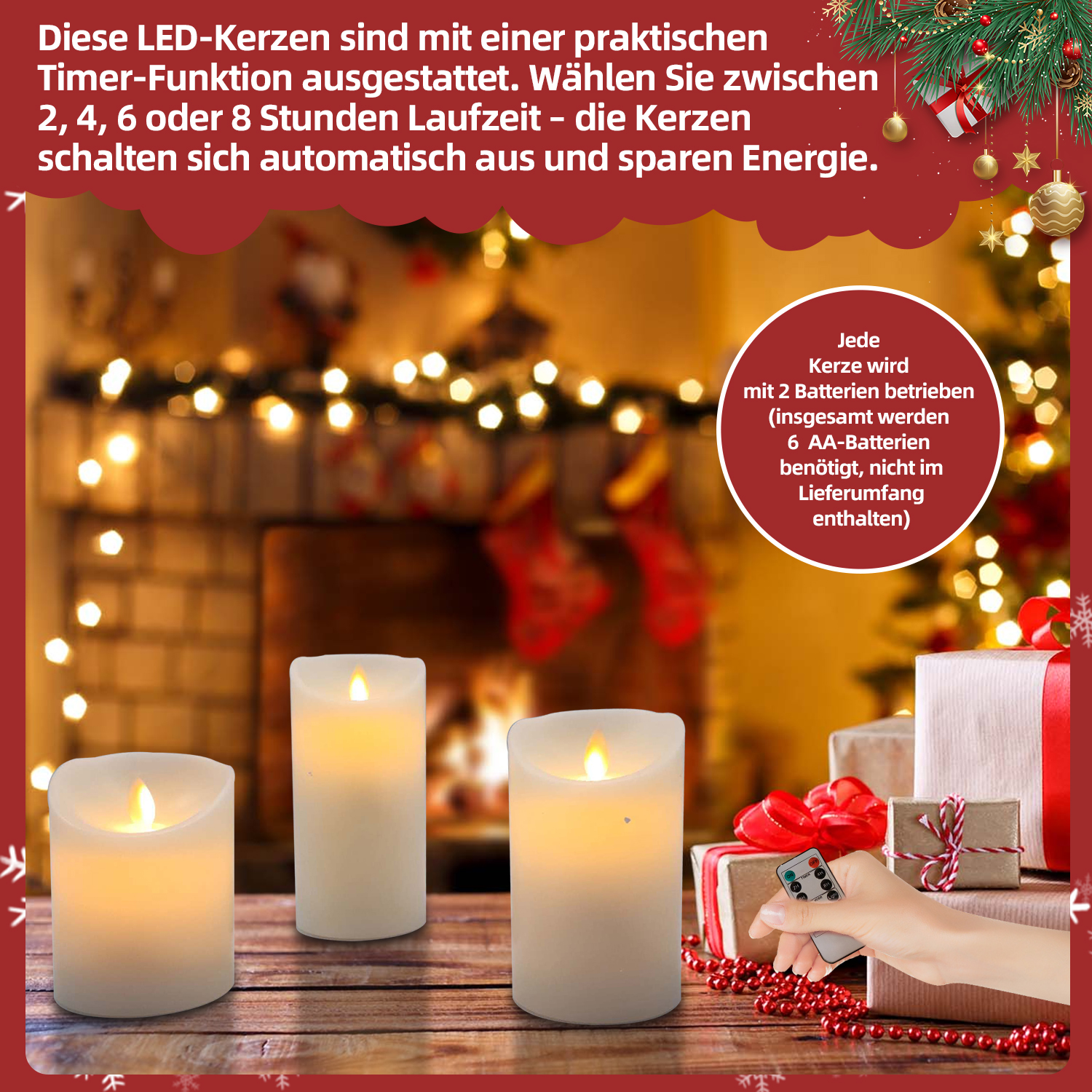 Drei LED-Kerzen mit brennenden Flammen auf einem Holztisch, Geschenke und eine Fernbedienung im Hintergrund. Weihnachtsdekorationen.