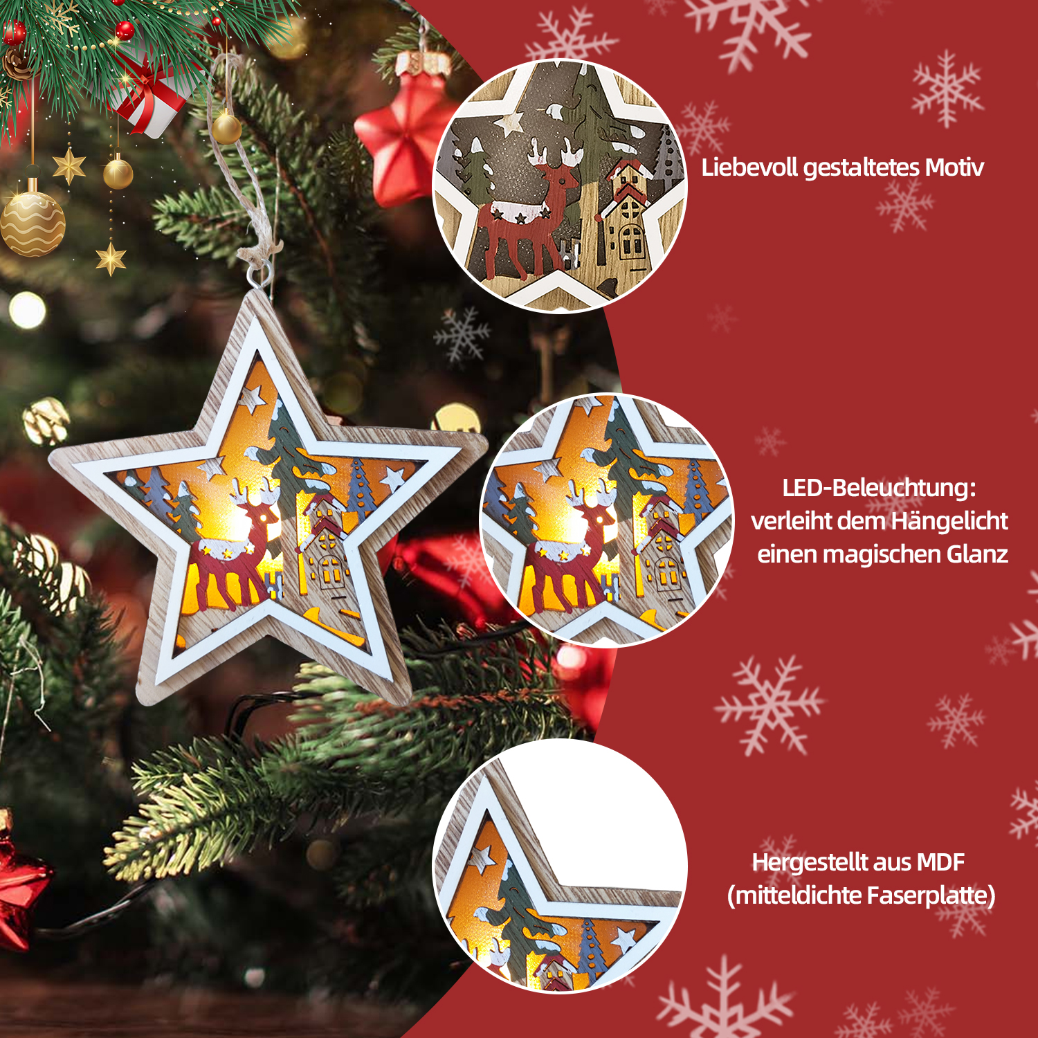 Ein sternförmiger Weihnachtsschmuck mit einem Hirsch-, Haus- und Baumdesign, der an einem Weihnachtsbaum hängt.