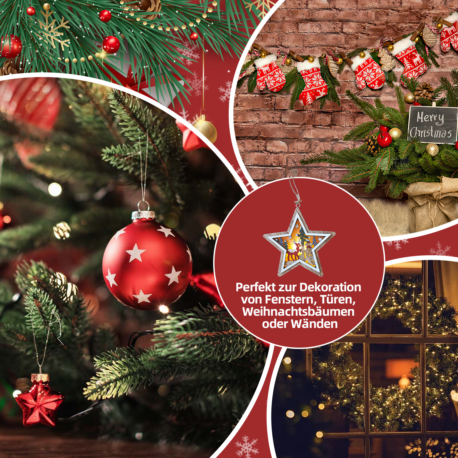 Weihnachtsdekorationen: Ornamente, Sterne und Strümpfe. Ein Schild sagt Frohe Weihnachten. Eine sternförmige Dekoration ist ebenfalls sichtbar.