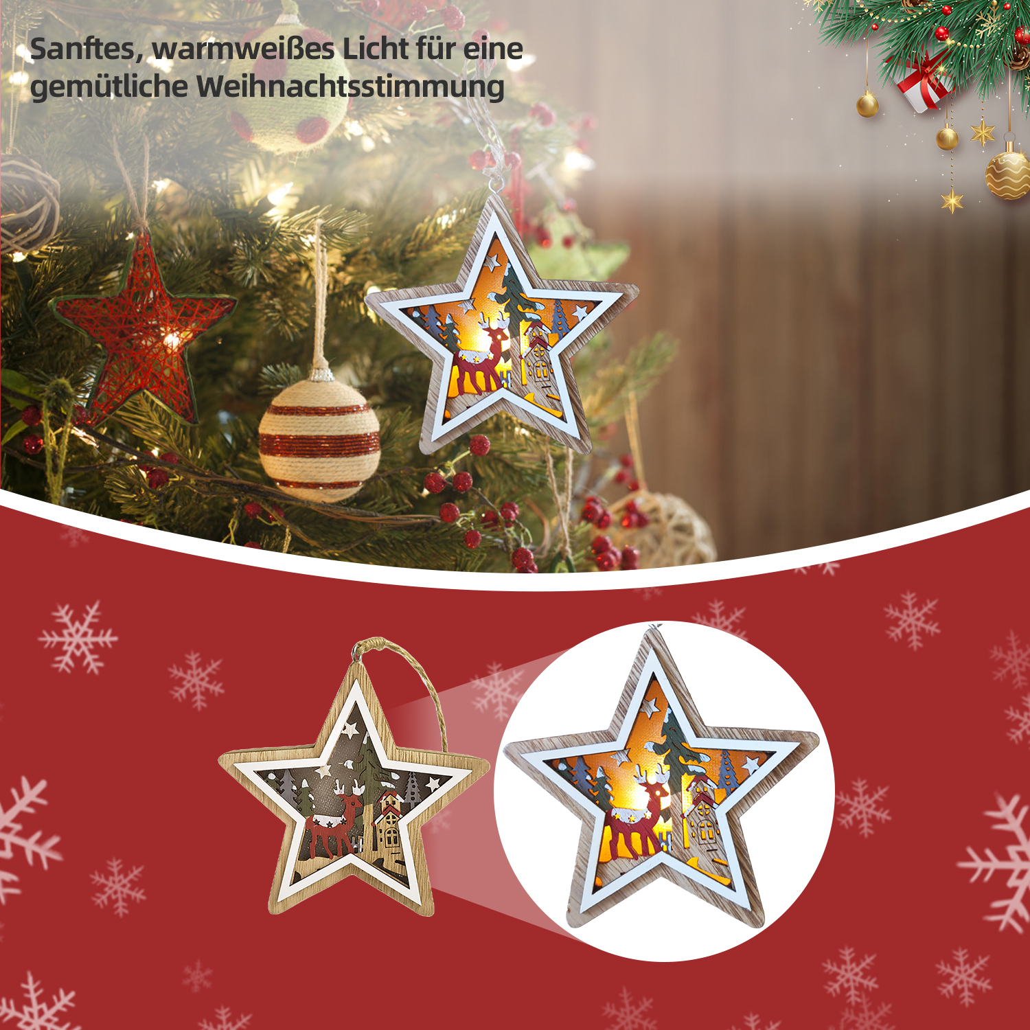 Weihnachtsbaum mit sternförmigen Ornamenten. Ein Stern hat eine Dorfszene im Inneren. Roter Hintergrund mit Schneeflocken.