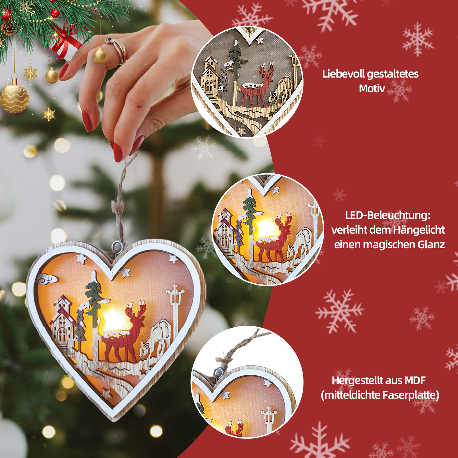 Eine Hand hält einen herzförmigen Ornament. Es zeigt einen Hirsch und ein Haus mit warmem Licht und besteht aus MDF.