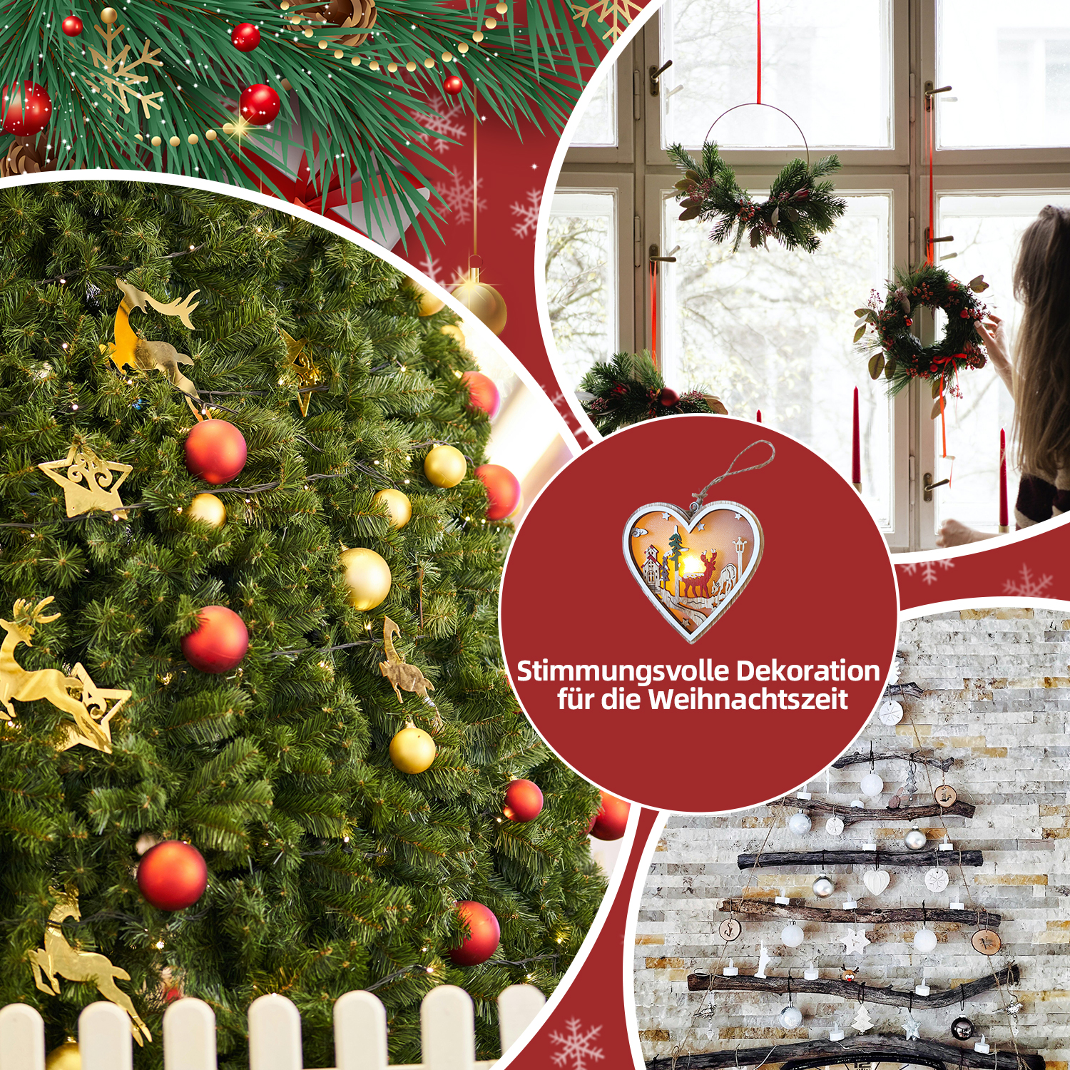 Weihnachtsdekorationen mit Baum, Schmuck, Kränzen und einem Baum aus Holz. Rote und goldene Akzente.