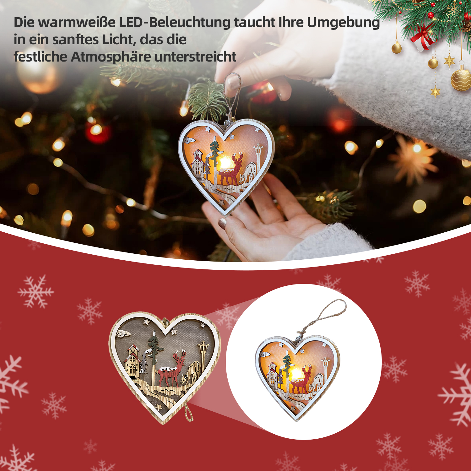 Eine Hand hält einen herzförmigen Weihnachtsschmuck mit einem Hirsch, Bäumen und Häusern im Inneren. Der Hintergrund zeigt einen Weihnachtsbaum.
