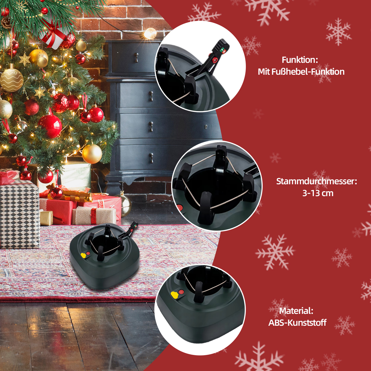 Weihnachtsbaum mit Ornamenten, Geschenken und Ständer. Ständerdetails: Fußhebel, 3-13cm Durchmesser, ABS-Kunststoff.
