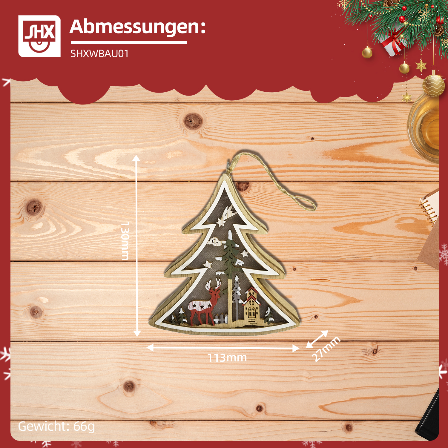 Weihnachtsbaumschmuck auf Holz. Es hat Ausschnitte von Hirschen und Häusern. Maße und Gewicht sind angegeben.