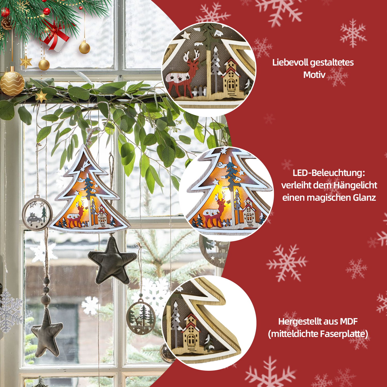Weihnachtsdekorationen an einem Fenster. Baumförmige Lichter, Sterne und Ornamente hängen. Grünes Laub und roter Hintergrund mit Schneeflocken.