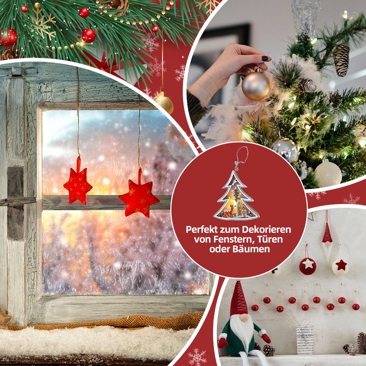 Eine Collage mit Weihnachtsdekorationen. Enthält ein Fenster mit Sternen, eine Hand, die einen Schmuck aufhängt, und verschiedene festliche Ornamente.