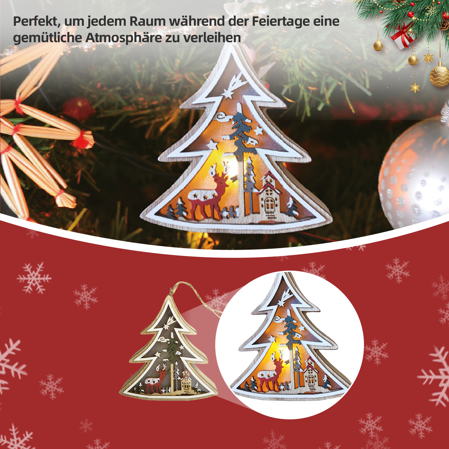 Weihnachtsbaumschmuck mit Hirsch, Haus und Bäumen im Inneren. Vor einem Weihnachtsbaum und rotem Hintergrund.
