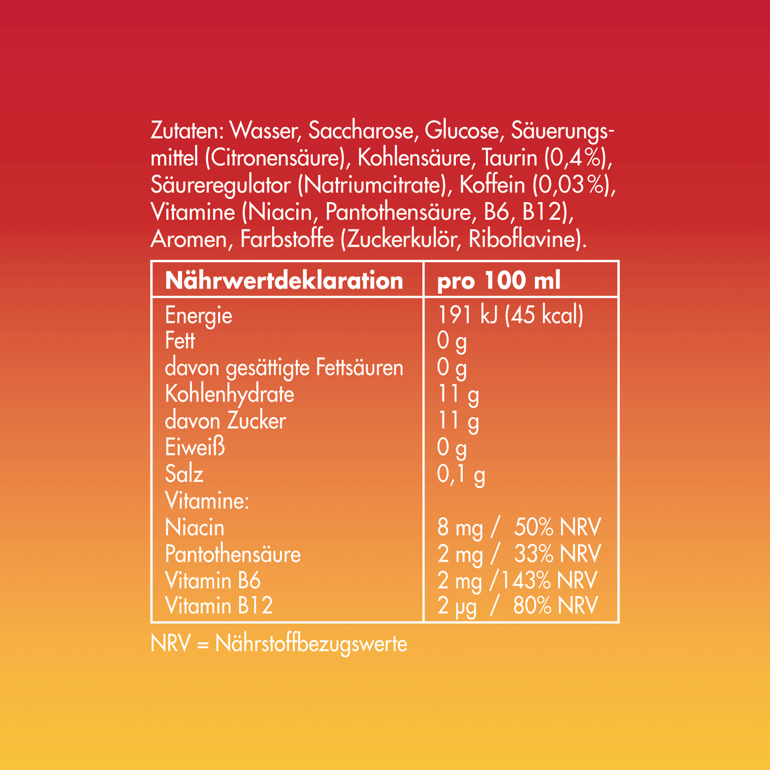 Nährwertkennzeichnung mit Zutaten, Energie, Fetten, Kohlenhydraten, Vitaminen und Mineralien pro 100 ml.