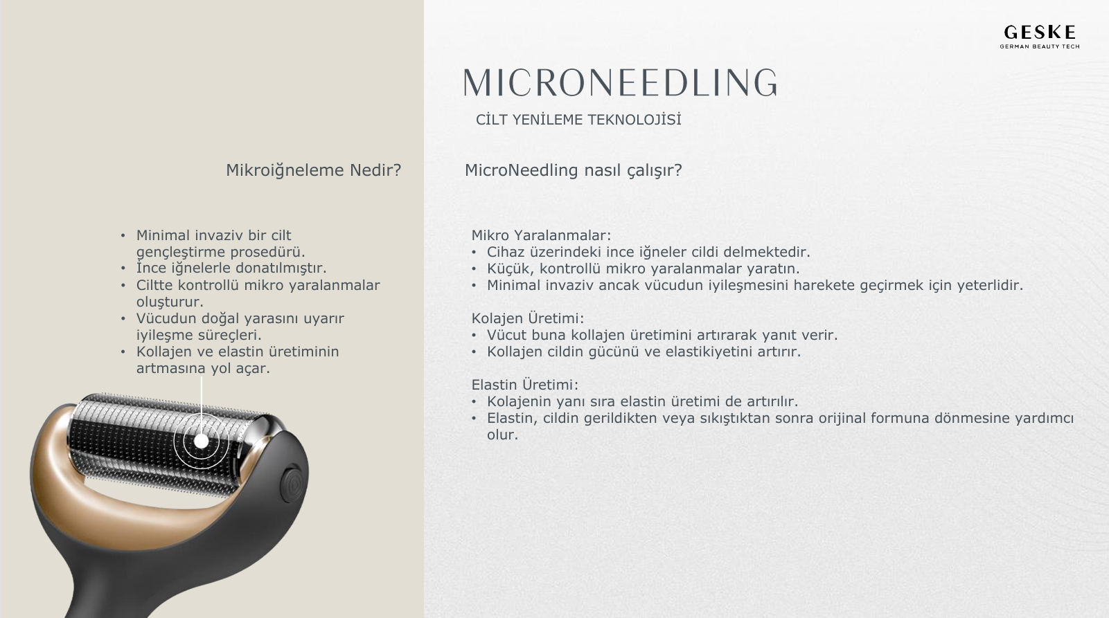 İğneli mikroiğneleme cihazı, Türkçe ve Almanca tıbbi metin, German Beauty Tech logosu.