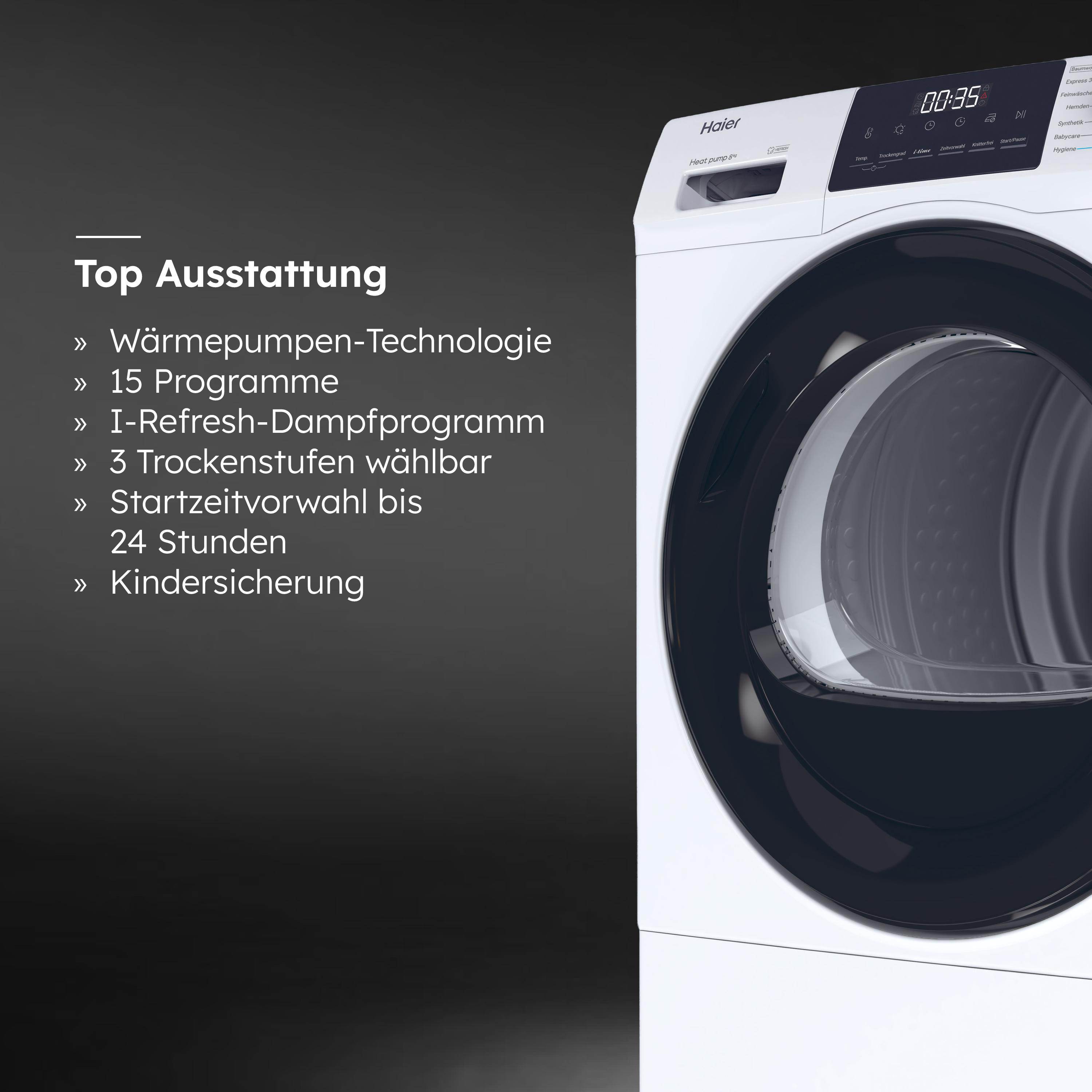 Weißer Haier-Trockner mit schwarzer Tür. Text hebt Funktionen hervor, darunter 15 Programme und Wärmepumpentechnologie.