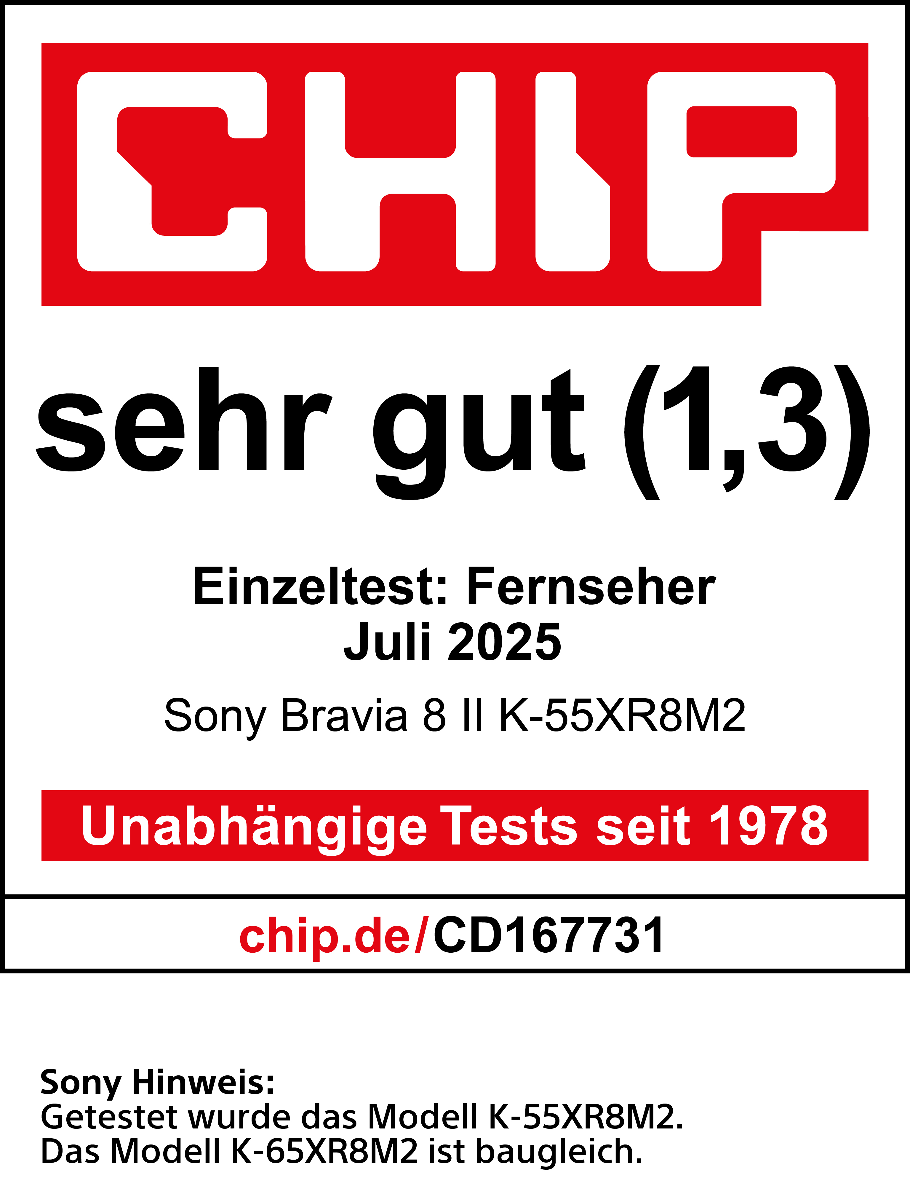 Das Bild zeigt ein rotes CHIP-Logo, Text 'sehr gut (1,3)' und Details eines TV-Tests, einschließlich Modell und chip.de URL.