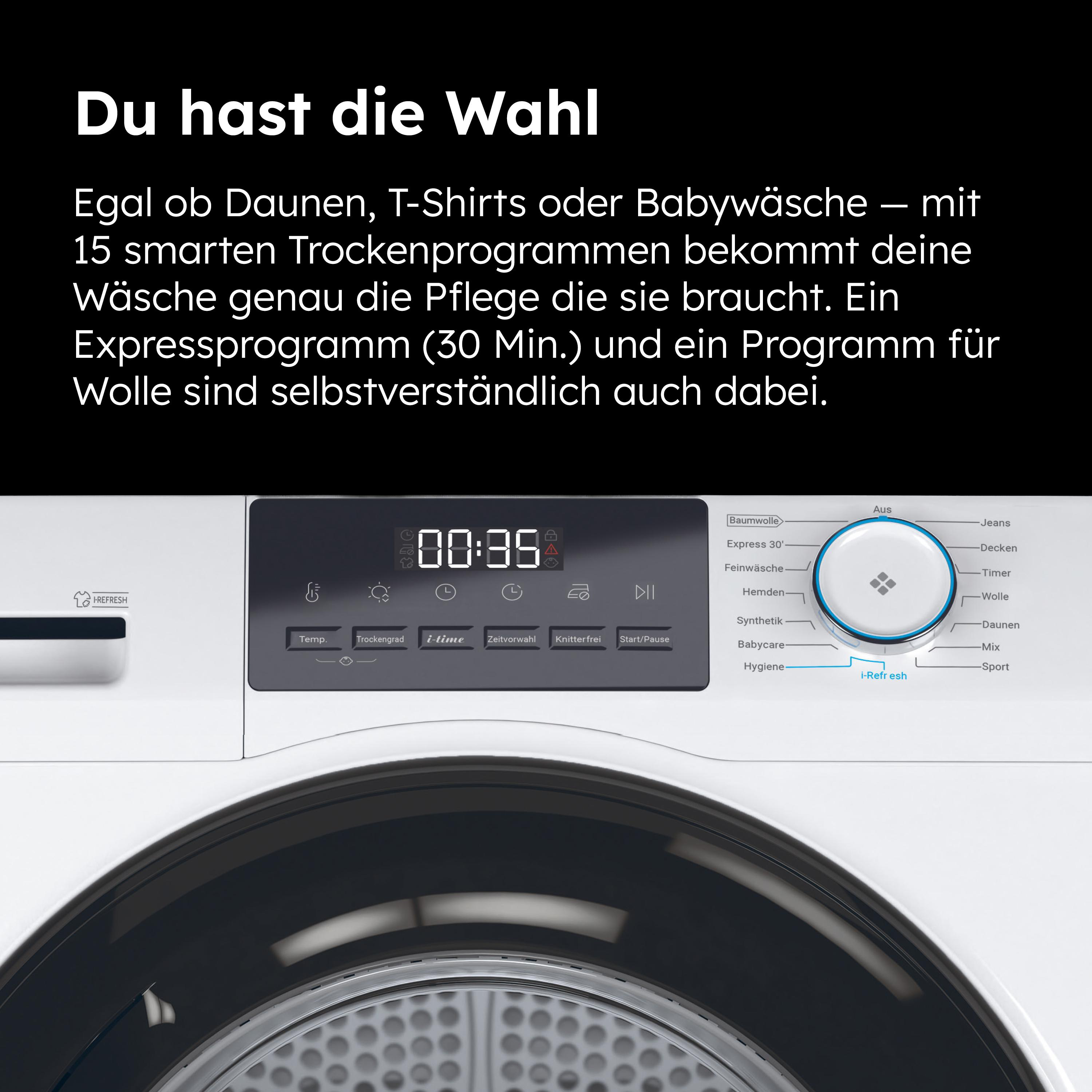 Ein weißer Trockner zeigt ein Bedienfeld mit Digitalanzeige und einem Drehknopf für verschiedene Programme.