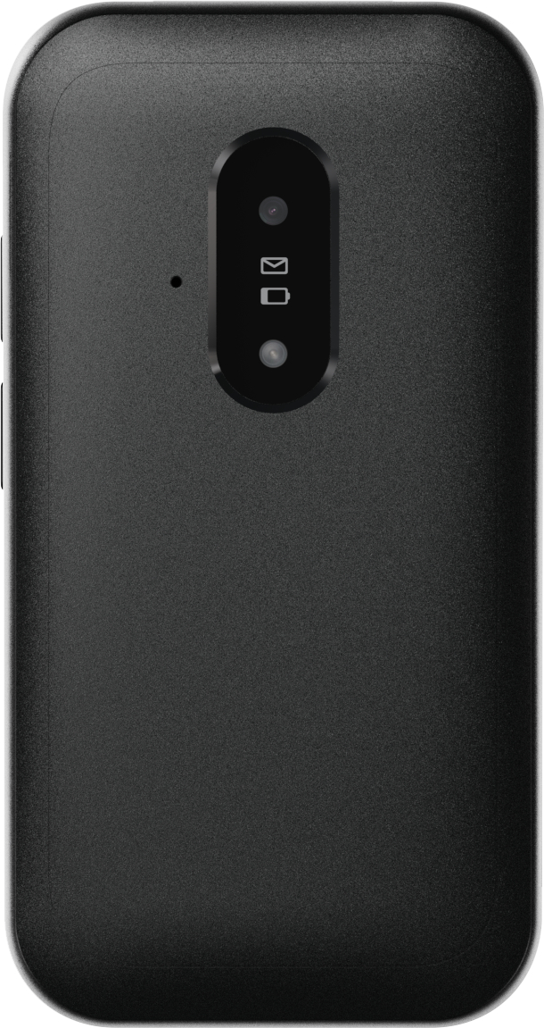 Rückseite eines schwarzen Smartphones. Es hat eine Kamera und einen Blitz. Der Kamerabereich ist oval.