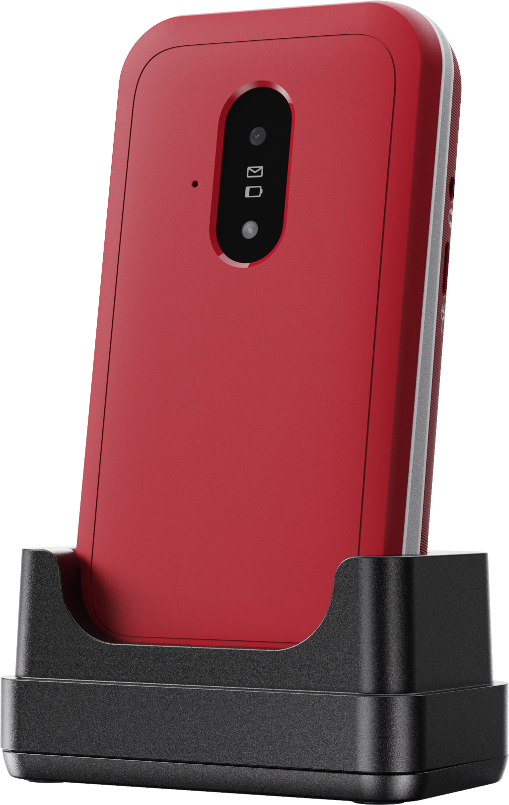 Ein rotes Telefon ist in einer schwarzen Ladeschale angedockt. Es hat ein schwarzes Oval mit Kameras und Symbolen. Die Halterung befindet sich auf weißem Hintergrund.