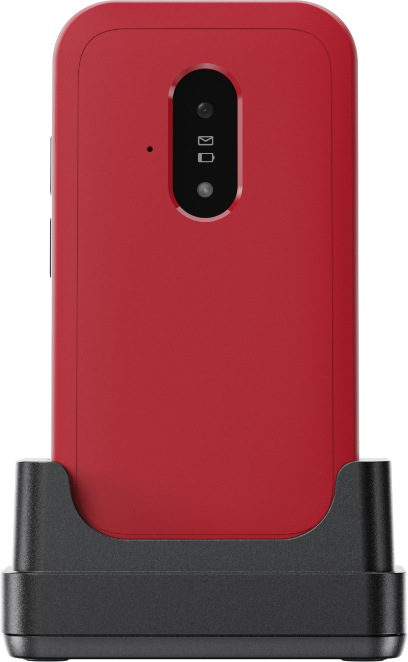 Ein rotes Telefon in einer schwarzen Ladestation. Das Telefon hat eine Kamera und einen kleinen Bildschirm mit Nachrichten- und Akkusymbolen.