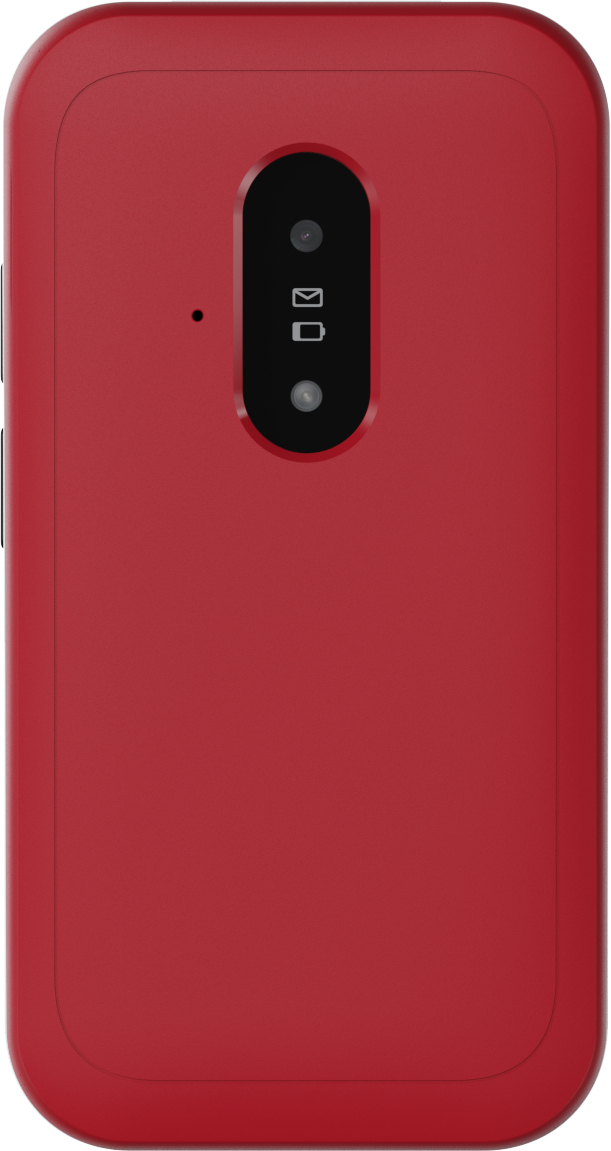 Rückseite eines roten Smartphones mit Kamera, Blitz und Benachrichtigungssymbolen. Abgerundete Ecken.