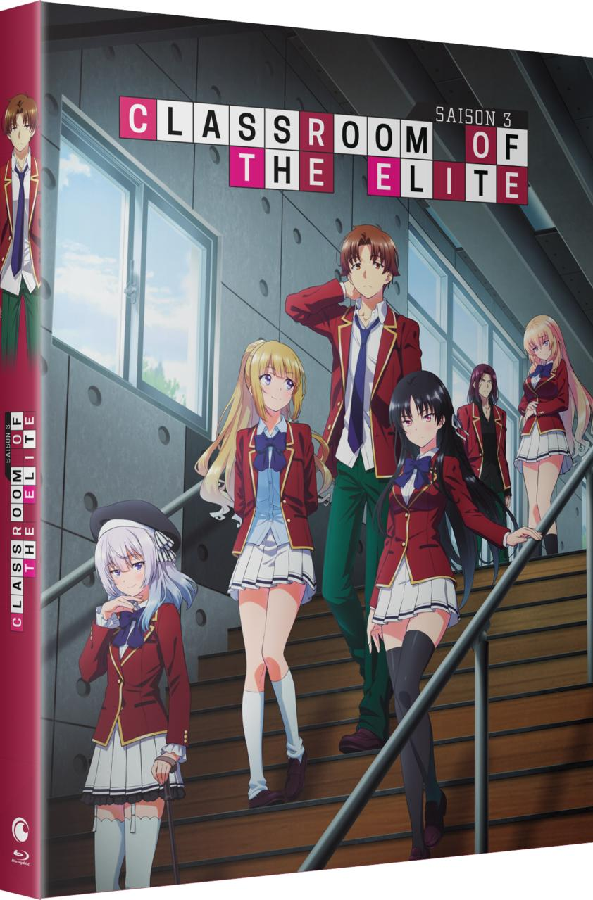 Anime-Cover von 'Classroom of the Elite' Staffel 3. Charaktere in roten Jacken auf Treppen. Titel oben.